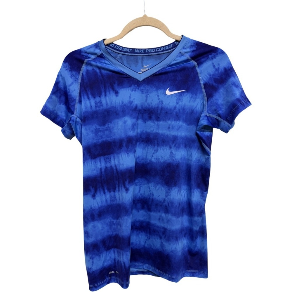 Nike Pro Combat Dri-FIT Fitted Blue Tie Dye Short Sleeve Compression Shirt M